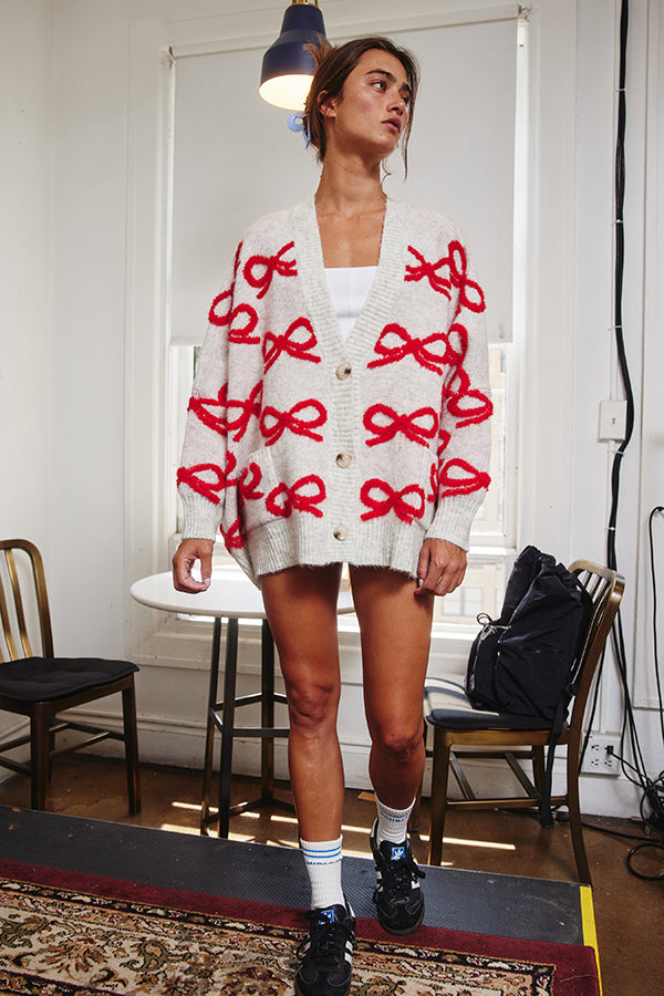 Veronica Bow Cardi - Grey & Red