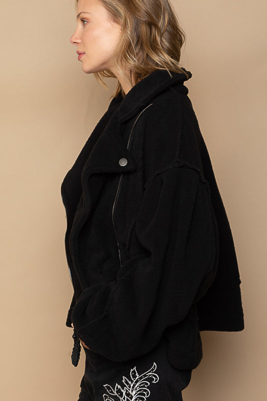 Black denim jacket with fleece store