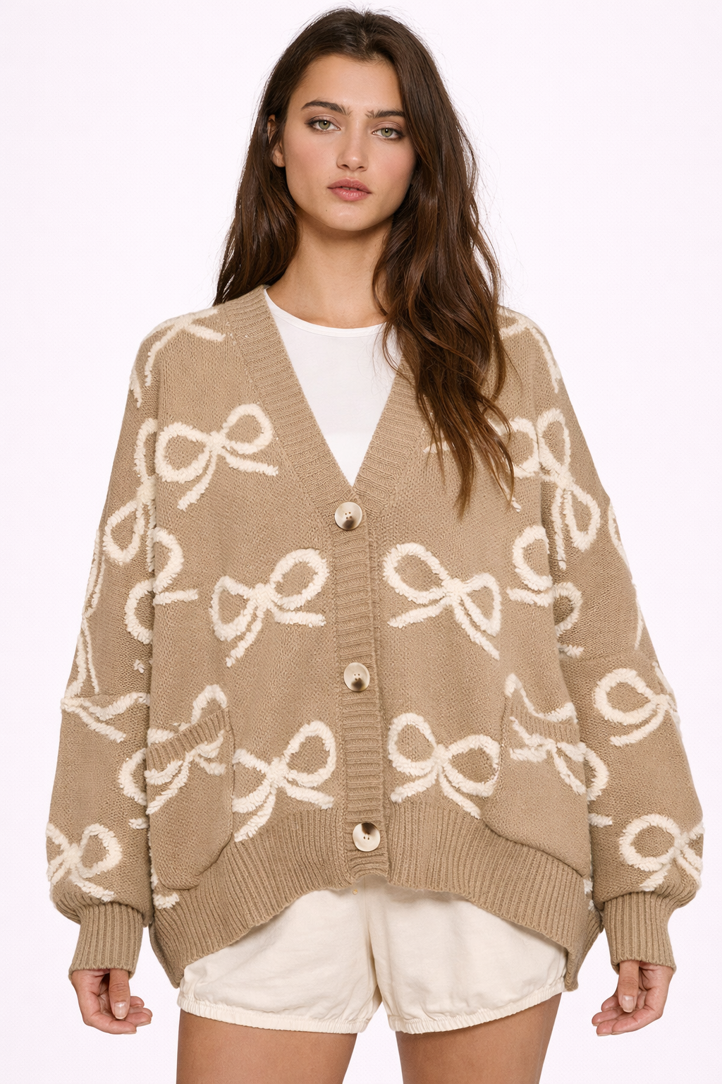 Veronica Bow Cardi - Taupe & Ivory