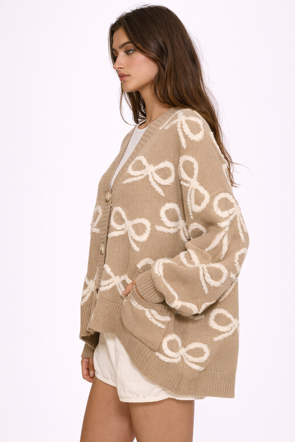 Veronica Bow Cardi - Taupe & Ivory