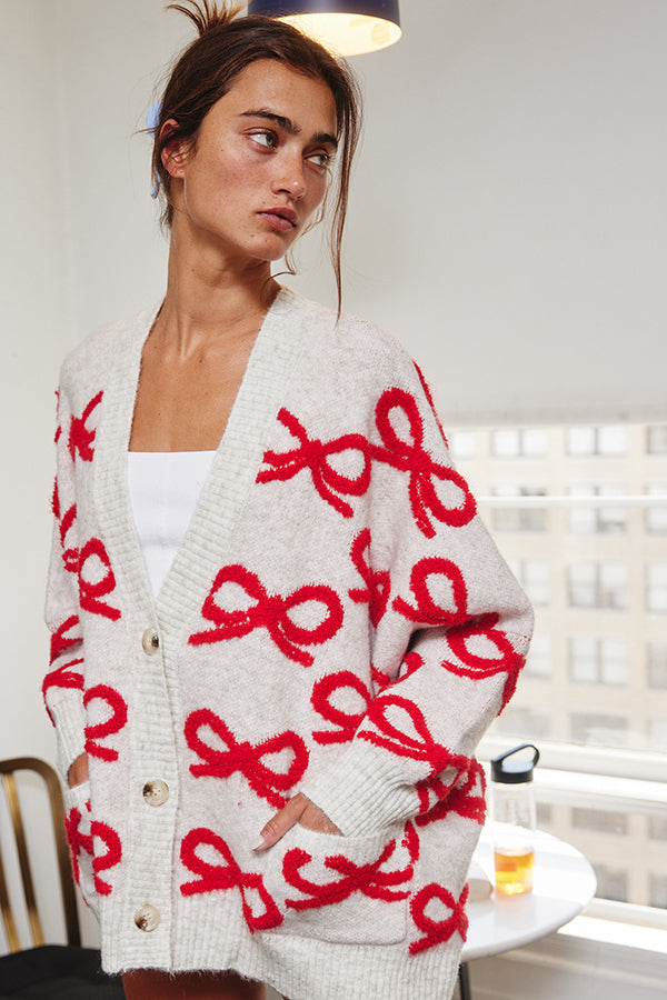 Veronica Bow Cardi - Grey & Red