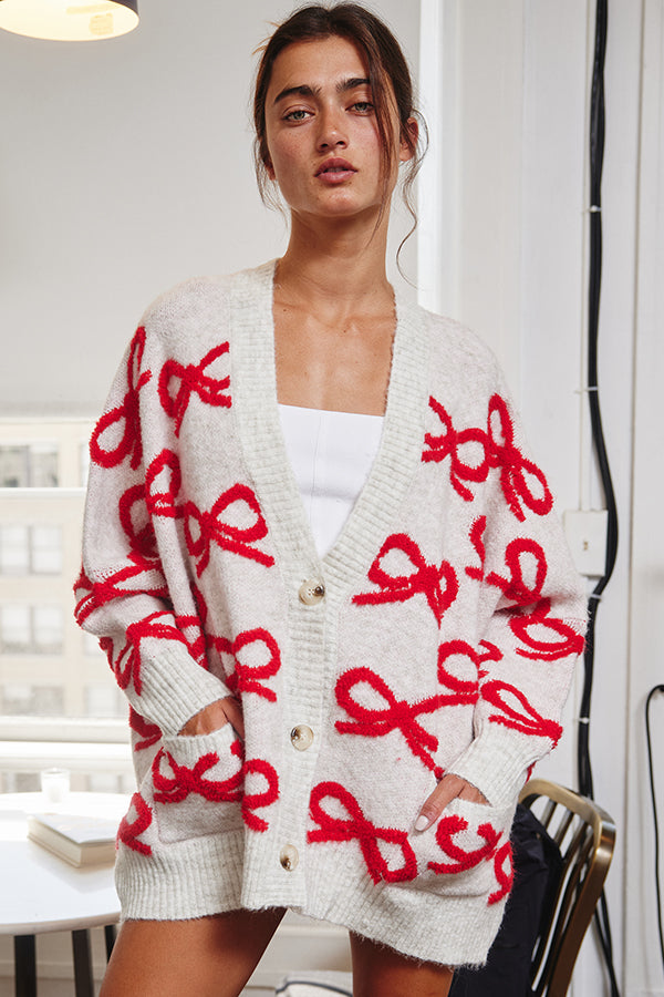 Veronica Bow Cardi - Grey & Red