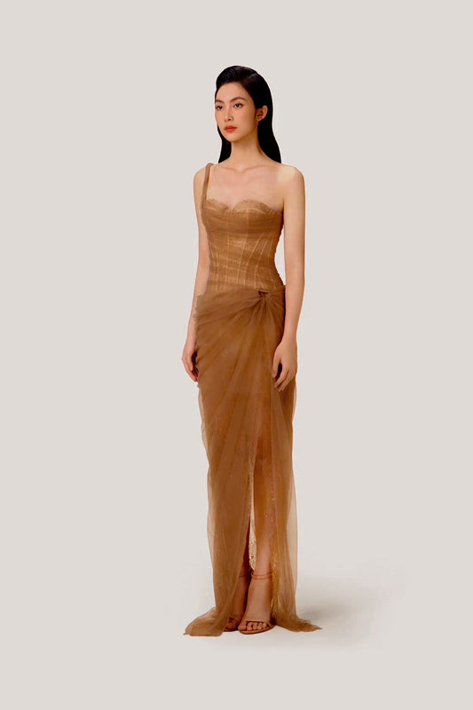 Mia Dress - Caramel & Blue